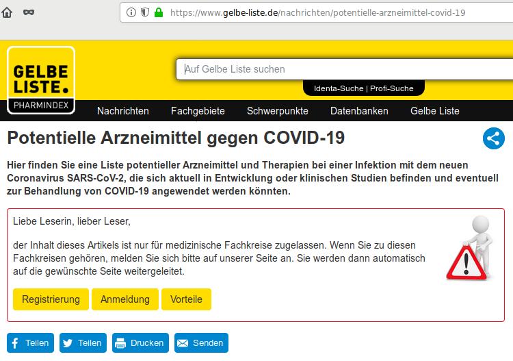 Screenshot. Gelbe Liste blockiert Anzeige der Corona-Heilmittel